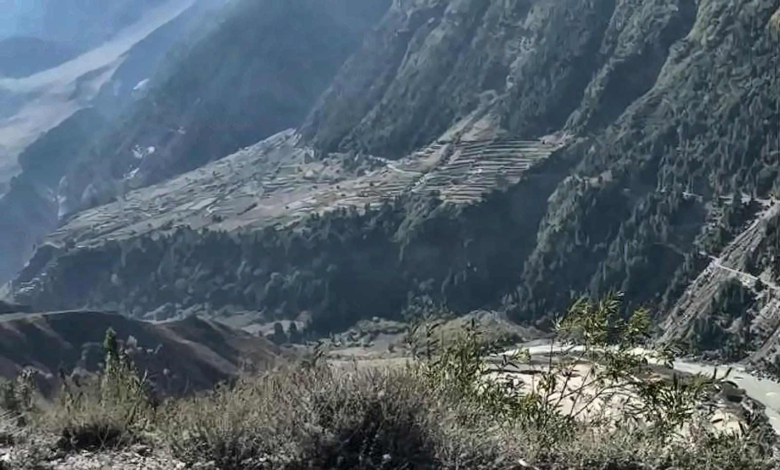 Terraced fields on misty green mountain slopes