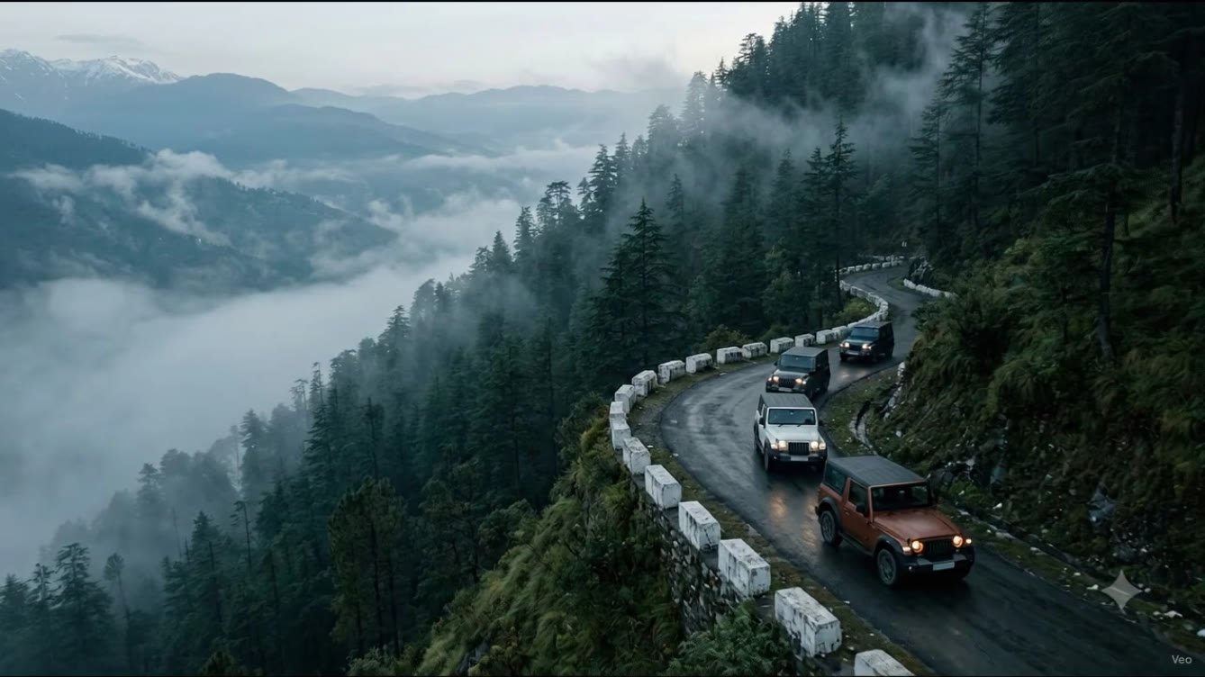 Aerial view of a copper Mahindra Thar leading a convoy of SUVs along a misty Himalayan forest road